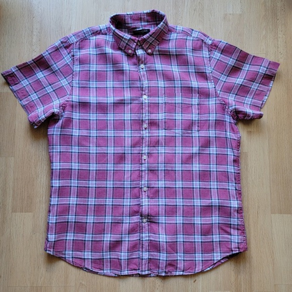 Banana Republic Mens 100% Linen Short Sleeve Plaid Button Down Shirt Pink Size L